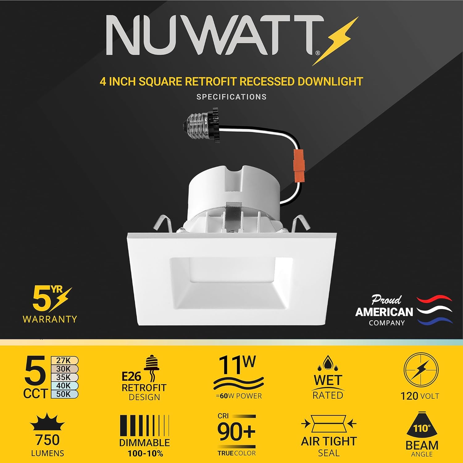NUWATT 4 Pack, 4 Inch Retrofit LED Square Recessed Lighting, 5CCT 2700K/3000K/3500K/4000K/5000K Selectable, 750 Lumens 11W, Dimmable Ceiling Light, White Square Trim Can Light, Wet Rated, ETL Listed - Image 2