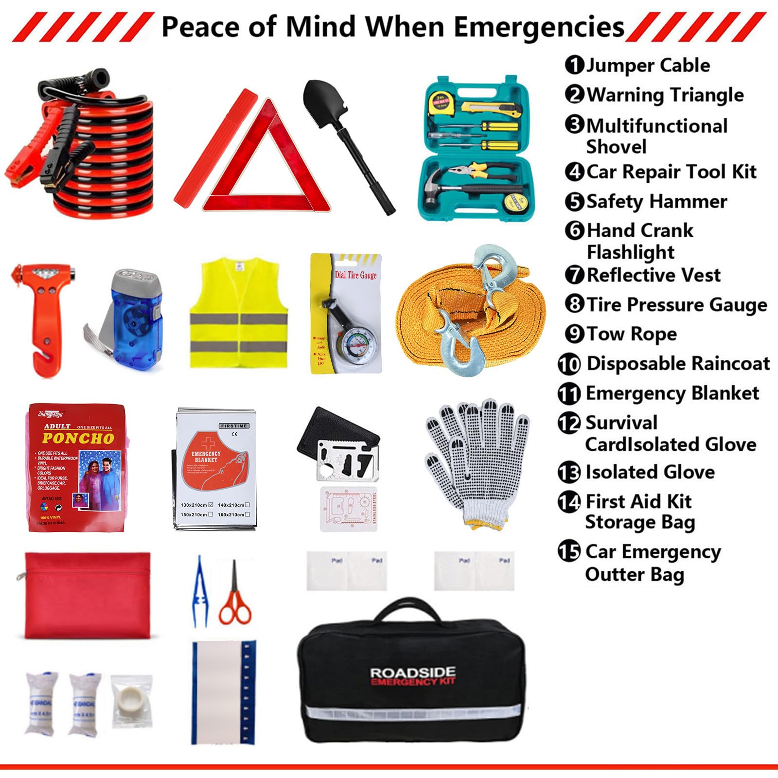 Car Emergency Roadside Tool Kit with Jumper Cable Shovel,Auto Truck Vehicle Assistant Safety Kit Bag for Men Women with First Aid Kit, Winter Basic Automobile Road Side Kit