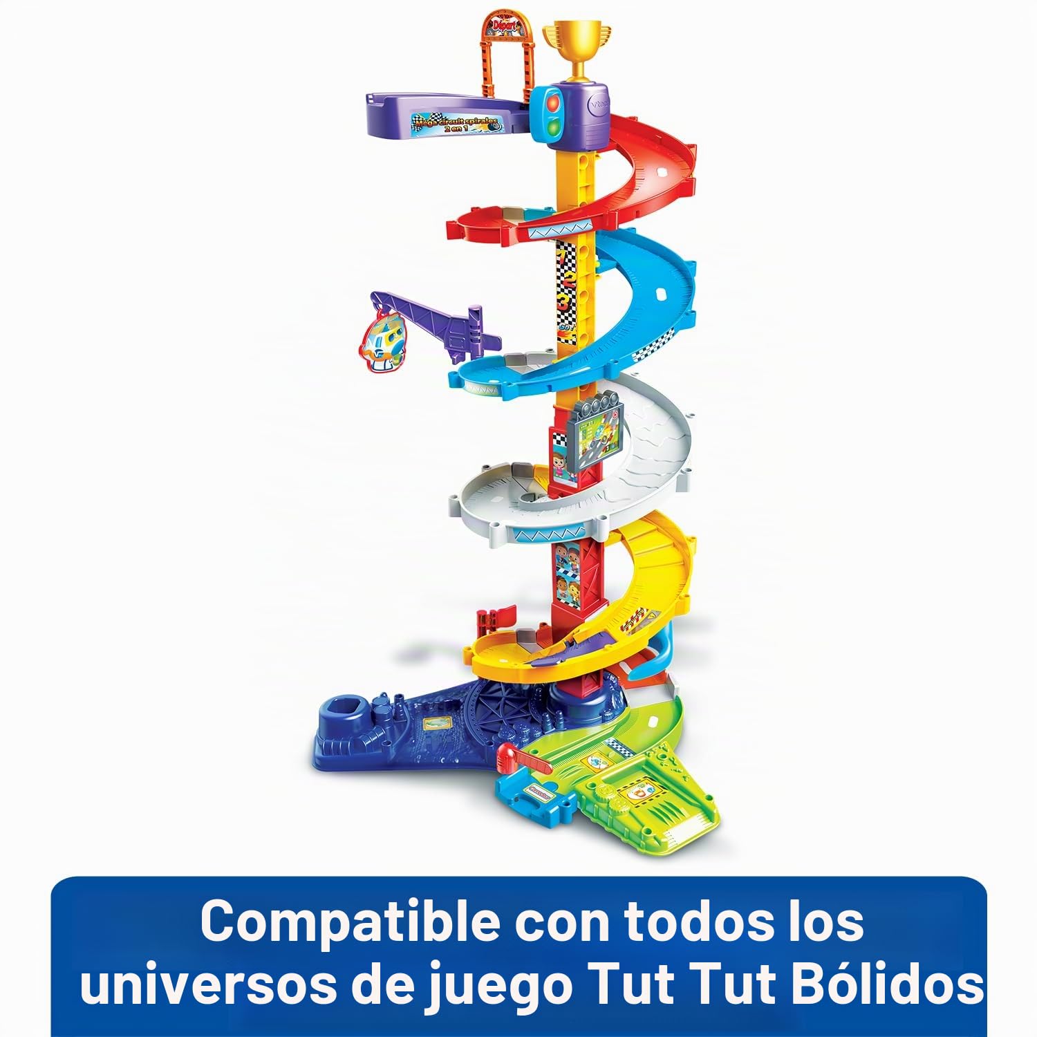 VTech Tut Tut Bolides, Mega Circuito Espirales 2 en 1 con Coche Titouan Loco del Volante, Circuito de Coches Infantiles, 5 Zonas Mágicas, Regalo para Niños y Niñas de 1 año a 5 años - Contenido en
