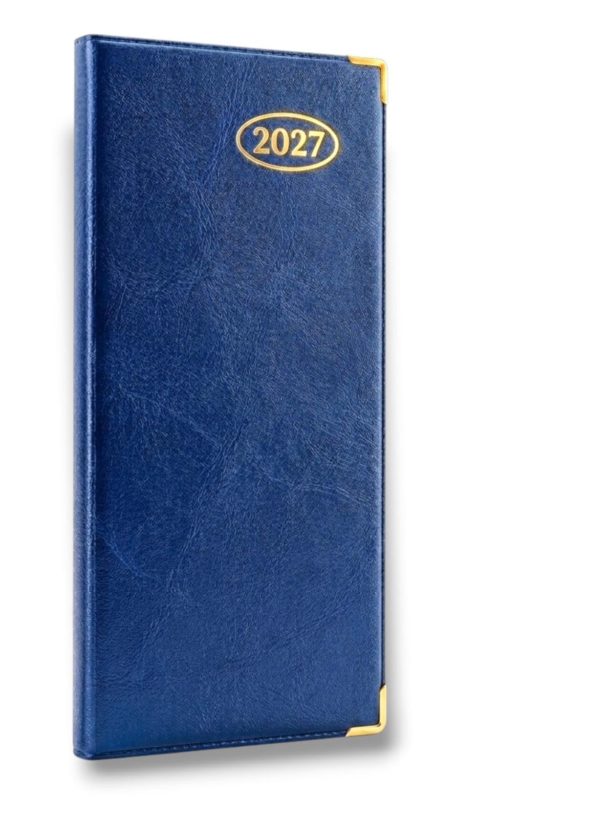 2027 Slim Line Week to View Padded Diary Metal Corner Case Bound Blue Planner with Ribbon Marker