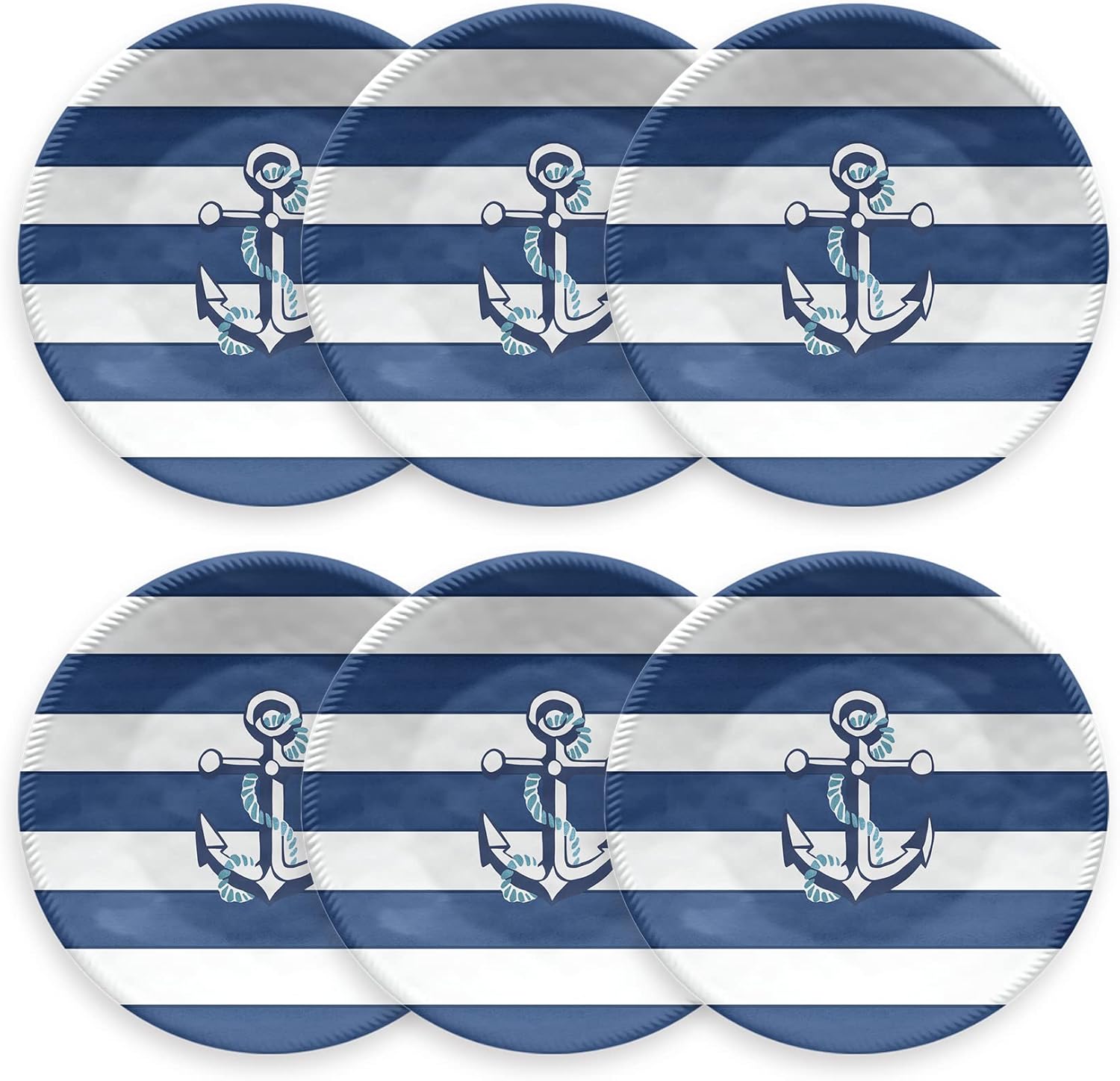 Abode Homewares Nautical Anchor 8.5'' Durable Melamine Salad Plates, Shatter-Resistant and Dishwasher-Safe Indoor/Outdoor Dinnerware for Salads, Appetizers, Desserts, or Side Dishes - Blue - Set of 6