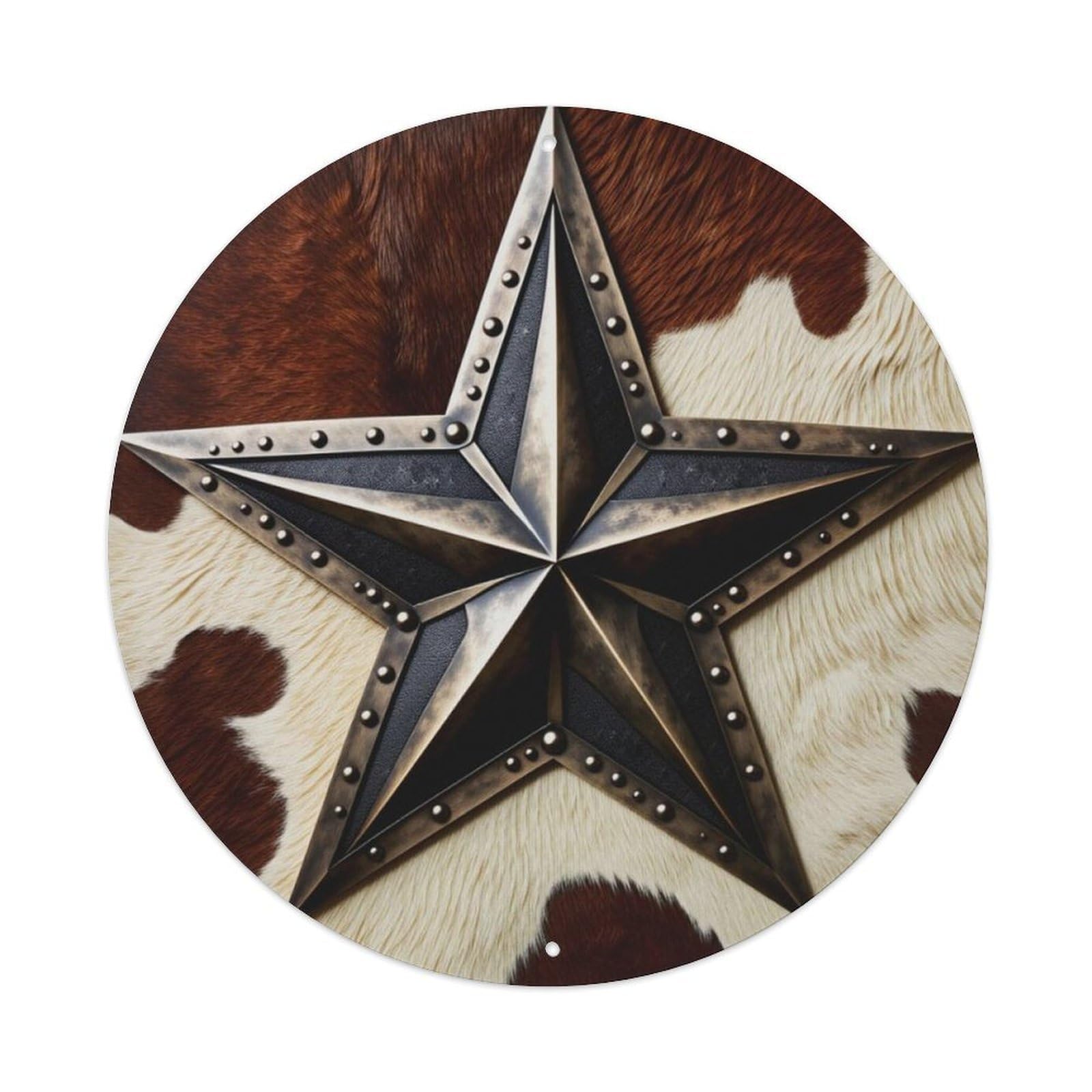 Cowhide Western Vintage Metal Lone Star Round Decor Sign Vintage Aluminium Metal Sign, Retro Wall Decor for Home, Bar, Garage & Farmhouse 20x20cm