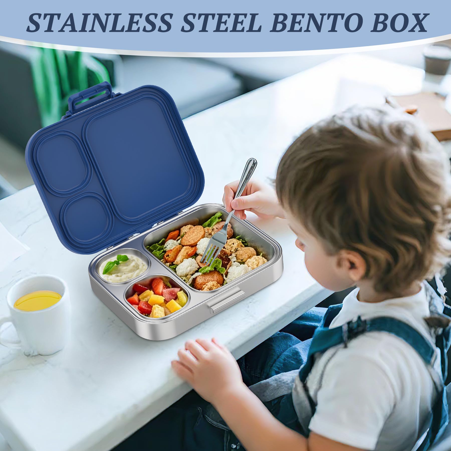 VITONIS Boîte à bento pour enfant 1000 ml Avec3 compartiments en acier inoxydable - Avec couvercle en silicone Anti-fuite Passe au lave-vaisselle Bleu