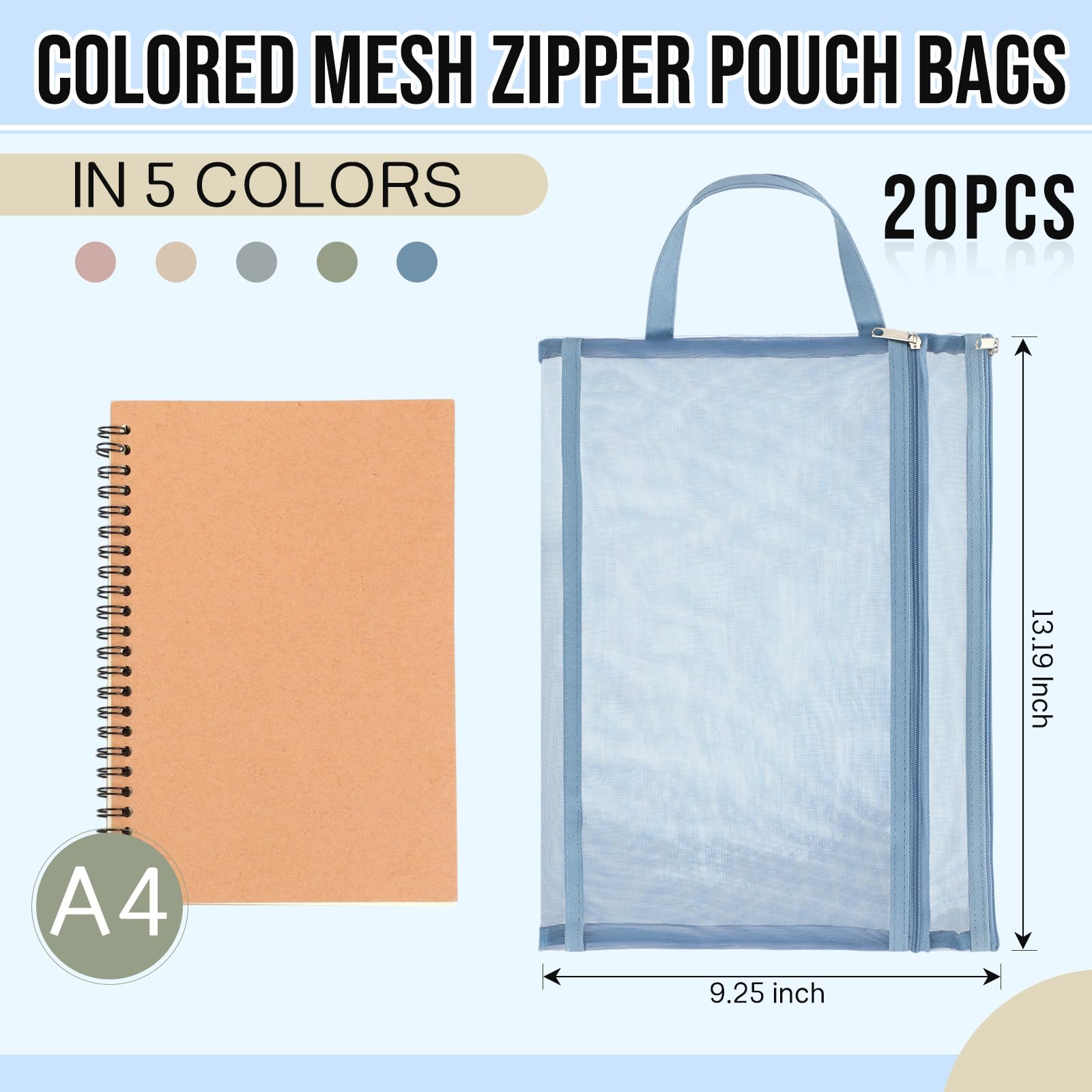 Marspark 20 Pack Mesh Zipper Pouch Bags, Nylon Puzzle Building Block Sets Toy Storage & Organization A4 Plastic Clear Zipper Pouches with Handles for Travel School Office Games, 5 Colors