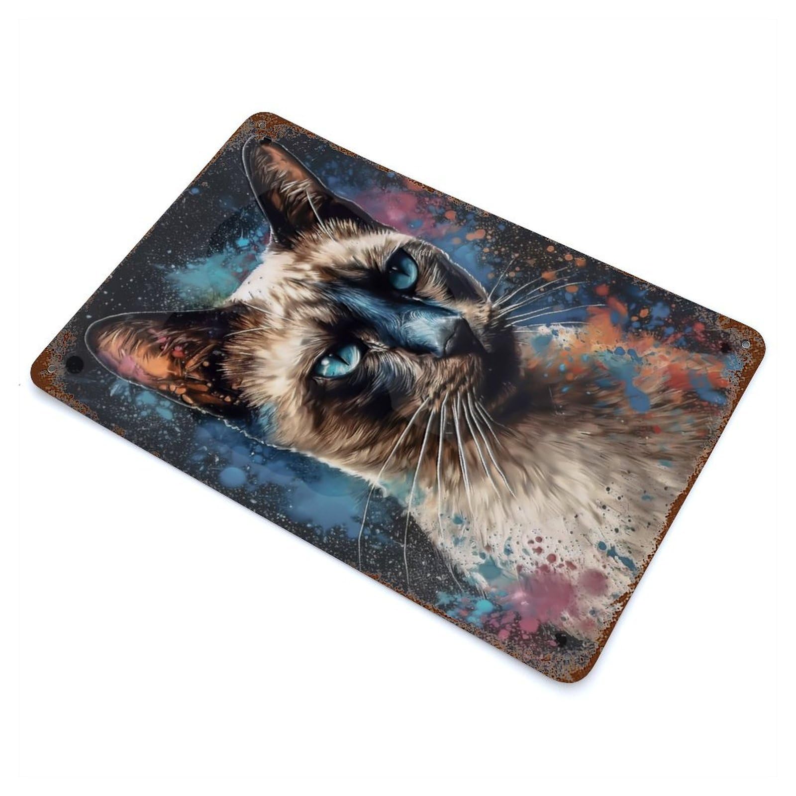 Rust Effect Siamese Cat Painting Aged Metal Wall Plaque 11.8"x7.9", Rustic Home Decor for Bistro, Counter And Cafe Decor