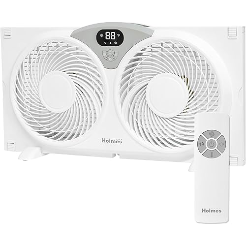 Holmes 9" CleanBreeze Digital Window Fan Thermostat, Remote Control, Adjustable Extender Panels, Water-Resistant Design, White