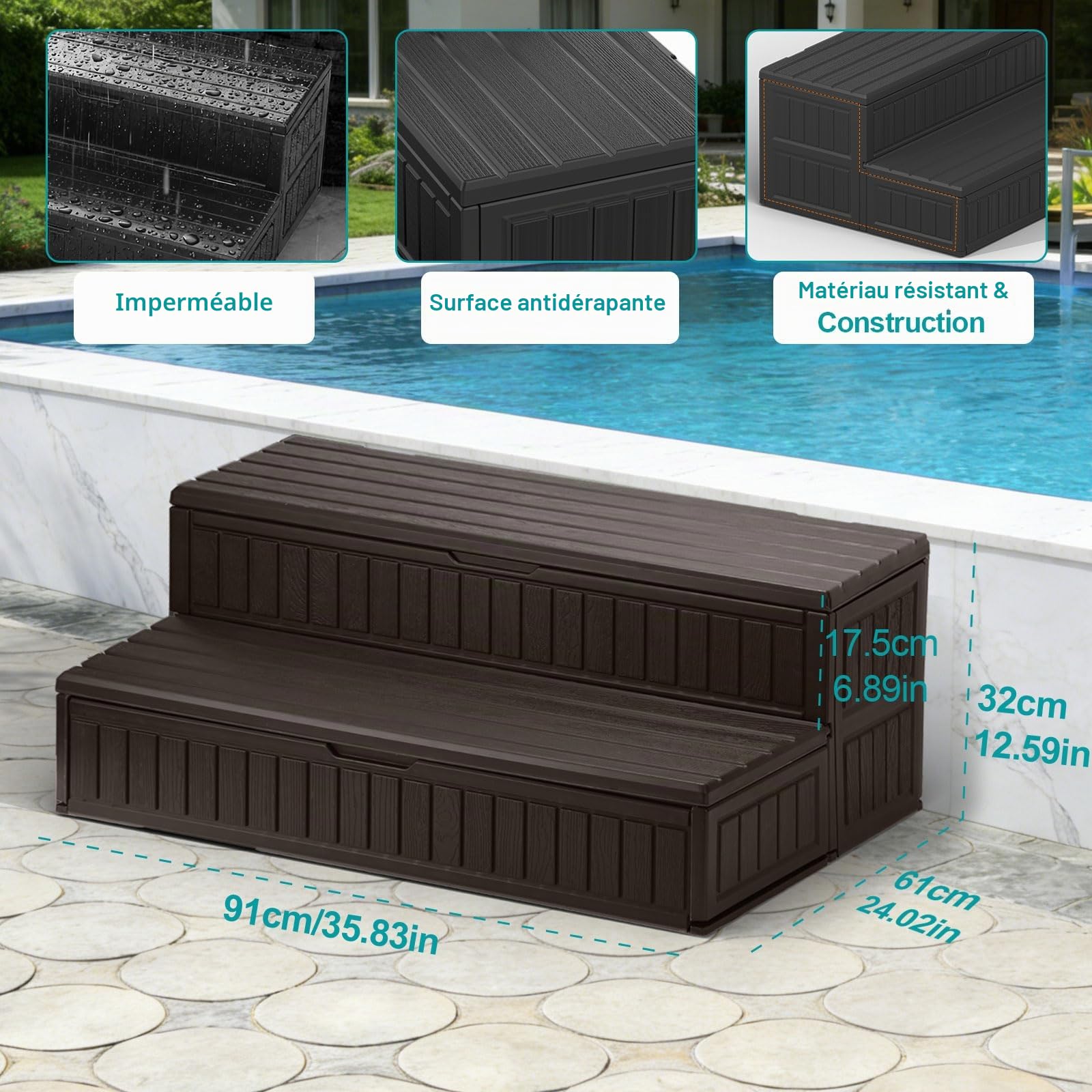 Marches pour Spa avec Rangement, 91cm, Imperméables et Antidérapantes, Escaliers Robustes