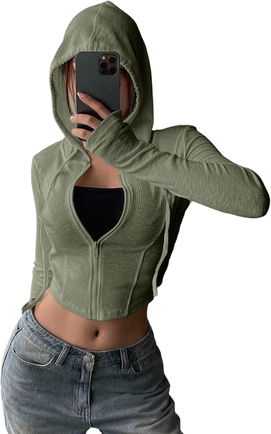 GORGLITTER Women's Cropped Zip Up Hoodie Lightweight Long Sleeve Rib Knit Slim Crop Jacket Fall Trendy 2025 - Image 4