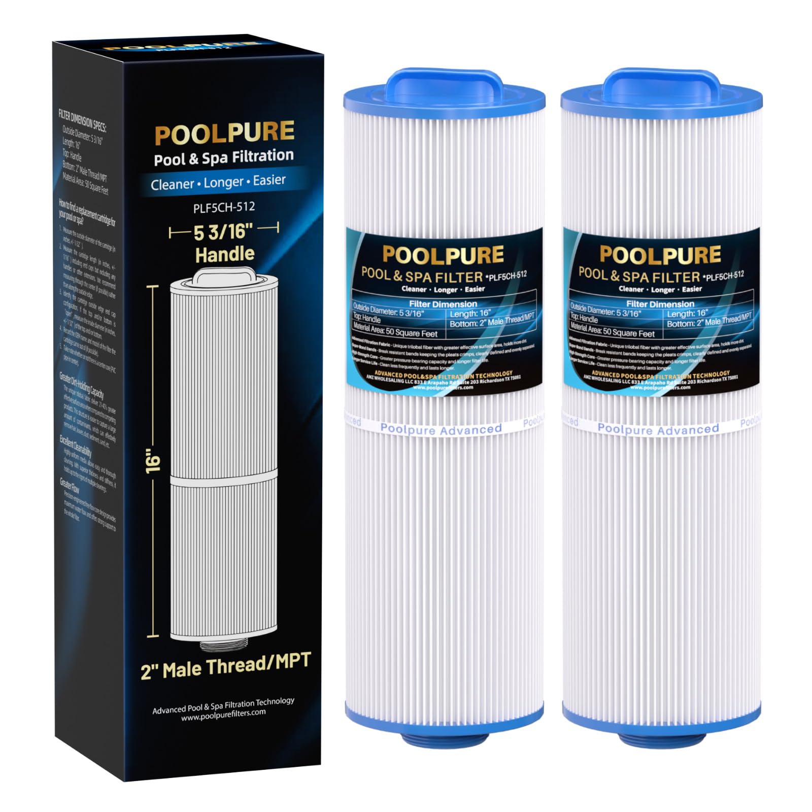Cartouches filtrantes pour spa POOLPURE 5CH-512, filtre jacuzzi Marquis 20690 de 50 m²