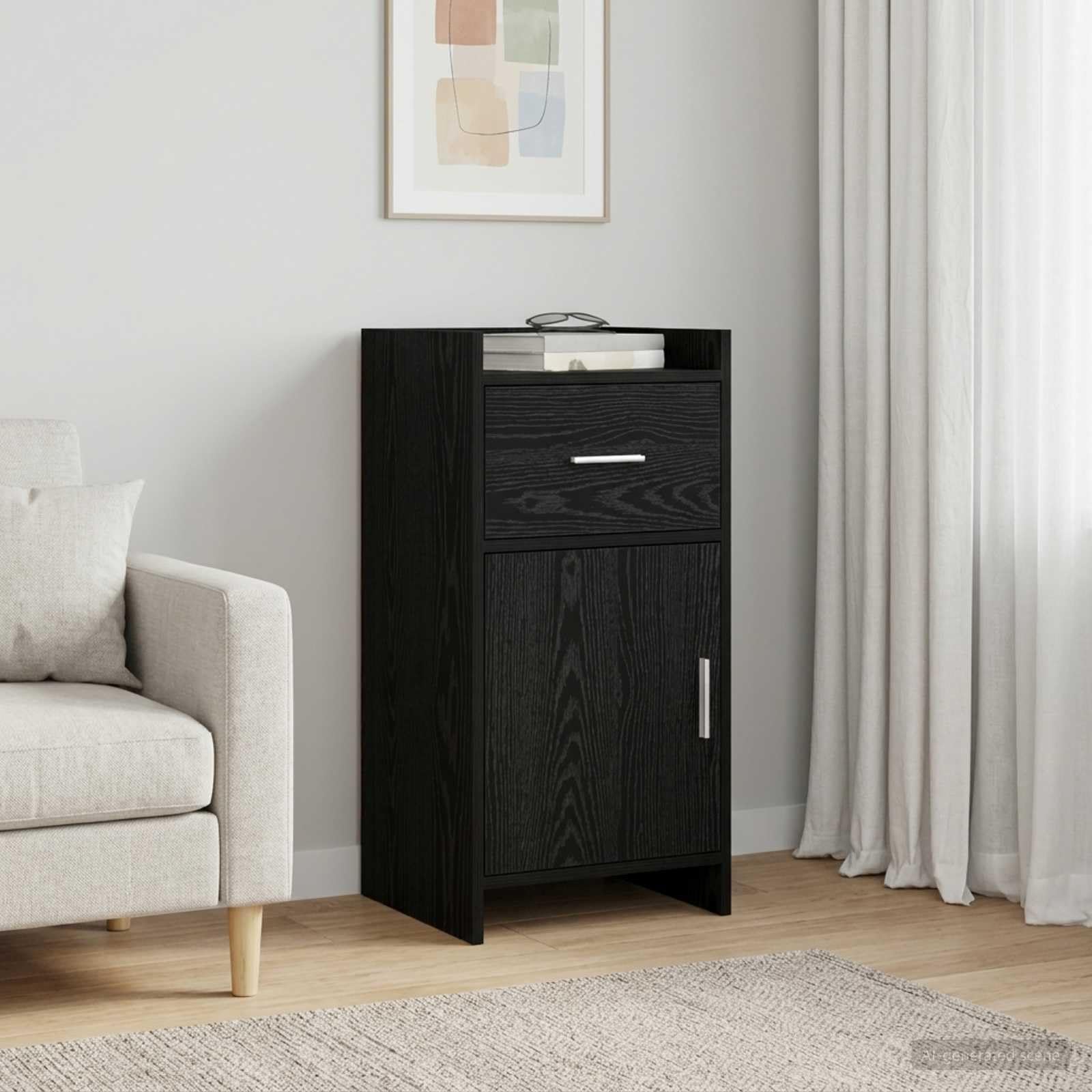 Aparador de madera con un cajón y estantes para almacenamiento vertical en salón moderno