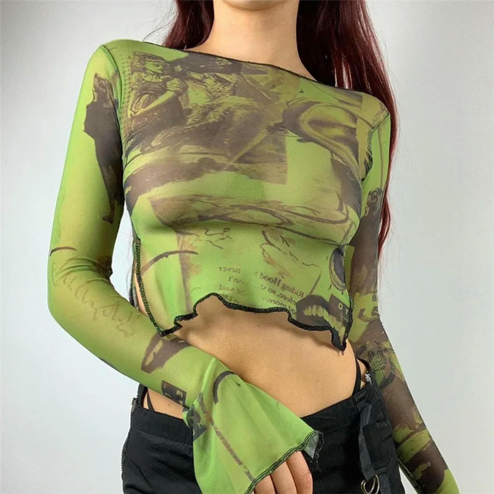Frauen Casual Sommer Y2K Druck Voll Grunge Mesh Schlitz Flare Ärmel T-Shirts Trend Dünne Tees Crop Top Streetwear-AS