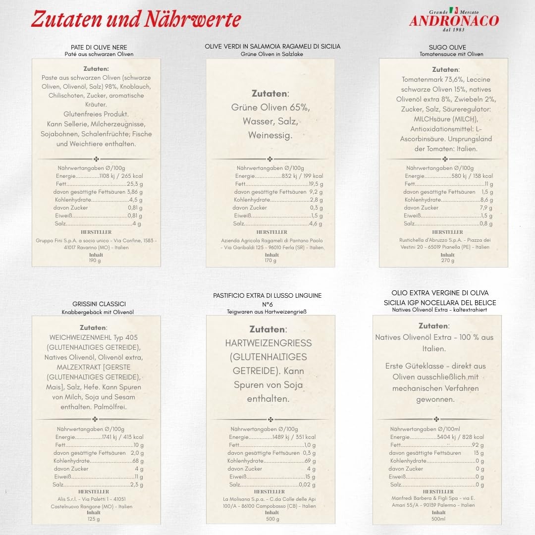 Geschenkset rund um die Olive – Italienisches Delikatessen-Paket: Paté, grüne Oliven, Sugo, Grissini, Pasta & natives Olivenöl Extra V – Mediterraner Genuss für Feinschmecker