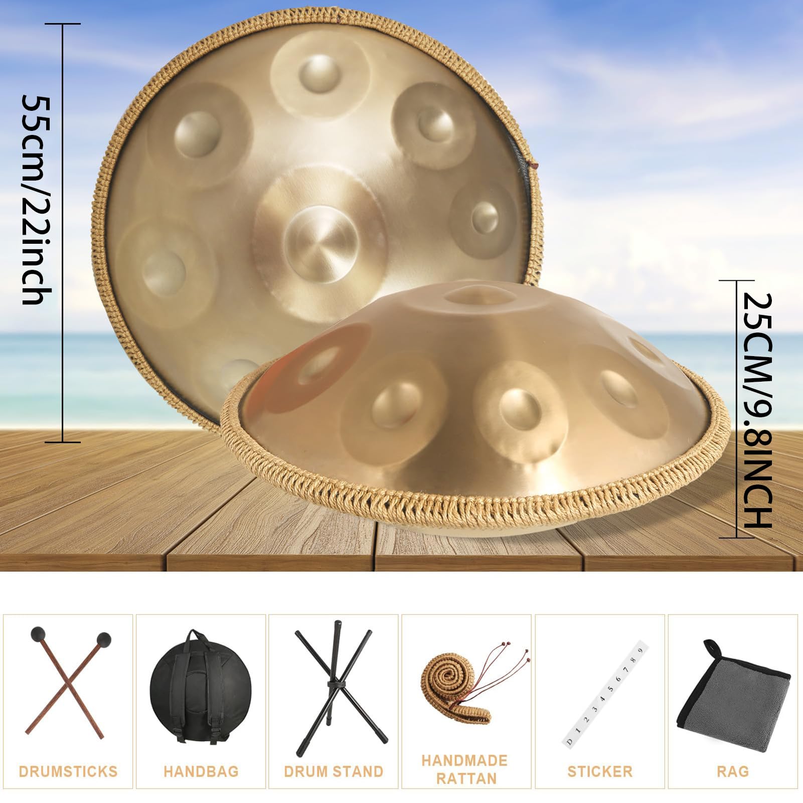 Handpan Instrument,9/10 Töne 22 Zoll Zungentrommel Stahltrommel in D-Moll Kurd 432/440 HZ mit weicher Tasche, Harmonic Percussion,Trommelständer für Sound Healing, Meditation (432hz, 10Töne)