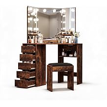 Corner Vanity Desk with 5 Drawers & Charging Station, Rustic Brown