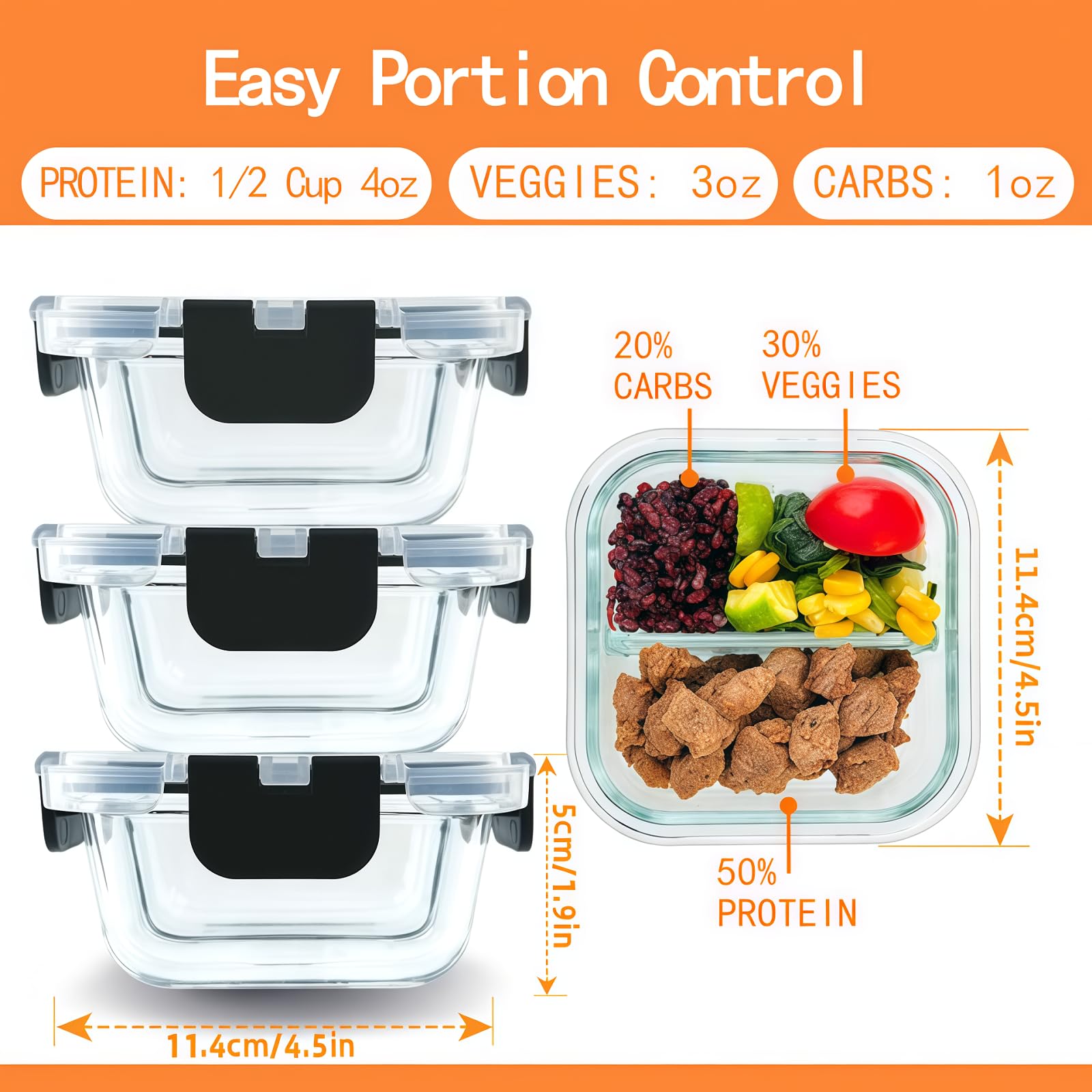 Paquete de 3 recipientes de vidrio para preparación de comidas con tapas, recipientes de control de porciones de 8 onzas para bariátricos, recipientes de vidrio reutilizables con dos