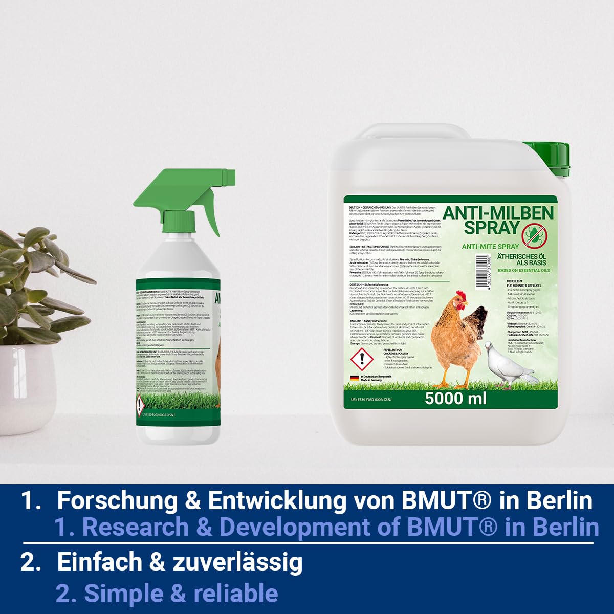 6000ml Milbenspray für Geflügel wie Hühner & Vögel - Sofort & Langfristig gegen Parasiten, bei Akut & Vorbeugung 5 Liter + 1 Liter Kanister
