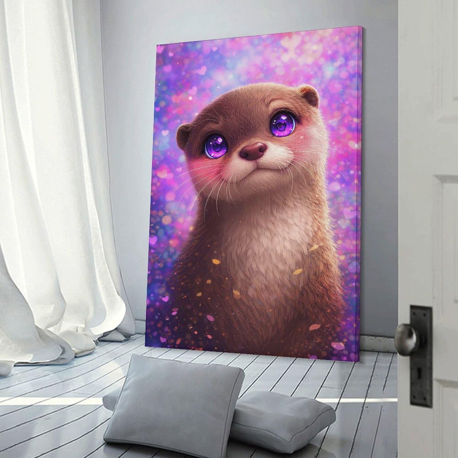 Junmoney Frame-Style-7-1 Cute Otter With Big Purple Eyes Hanging Wall Art 16X24inch(40X60cm), For Restful Interiors, Bedrooms Or Small Rooms, Home Artwork With A Soft Interior Feel