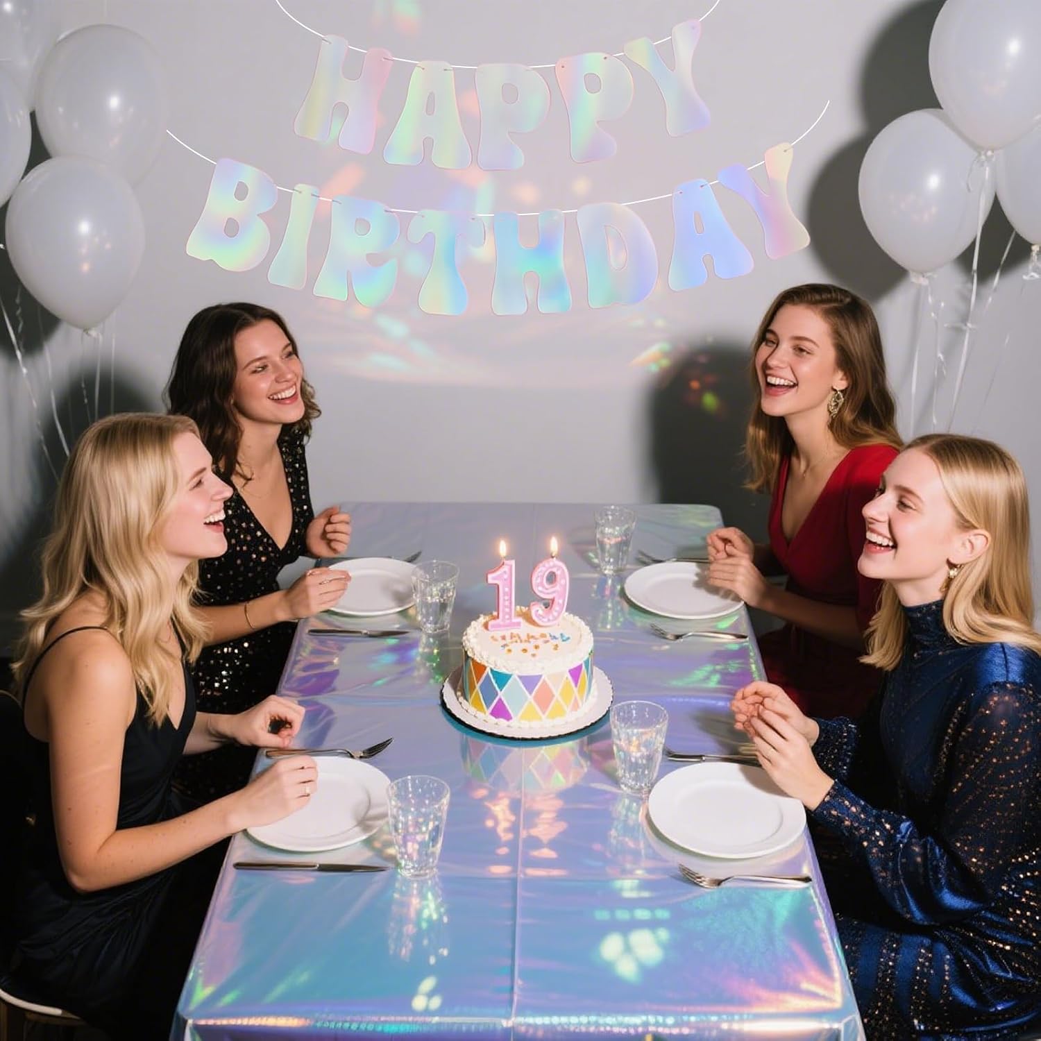 Popular Iridescent Party Decorations, Happy Birthday Banner & Iridescent Tablecloth with 2Pcs Hanging Circle Streamer Garland，Bachelorette Disco Bday 70s 60s Party Decor image 4