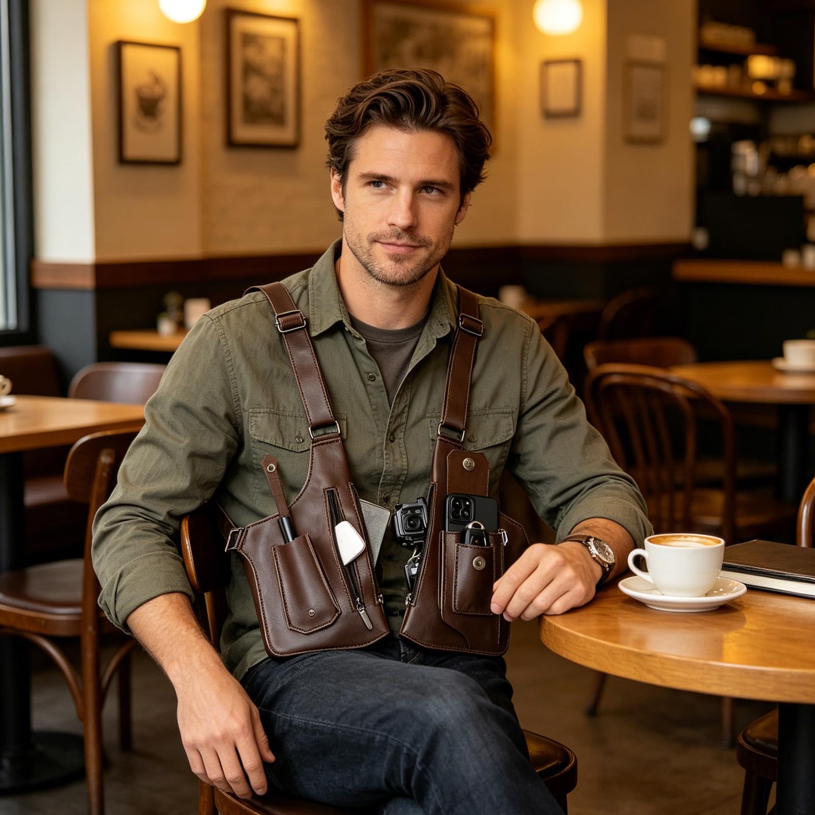 Borsa a Tracolla Ascellare,Antifurto Borsa a spalla e Sottobraccio per Uomo,Doppia Borsa a Tracolla con Regolabile,Borsa Antifurto,Molteplici Tasche Antifurto,per Viaggio,Business e Outdoor