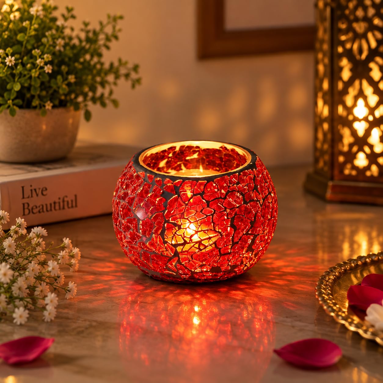 Red Mosaic Glass Tea Light Holder - Diwali Decor -2
