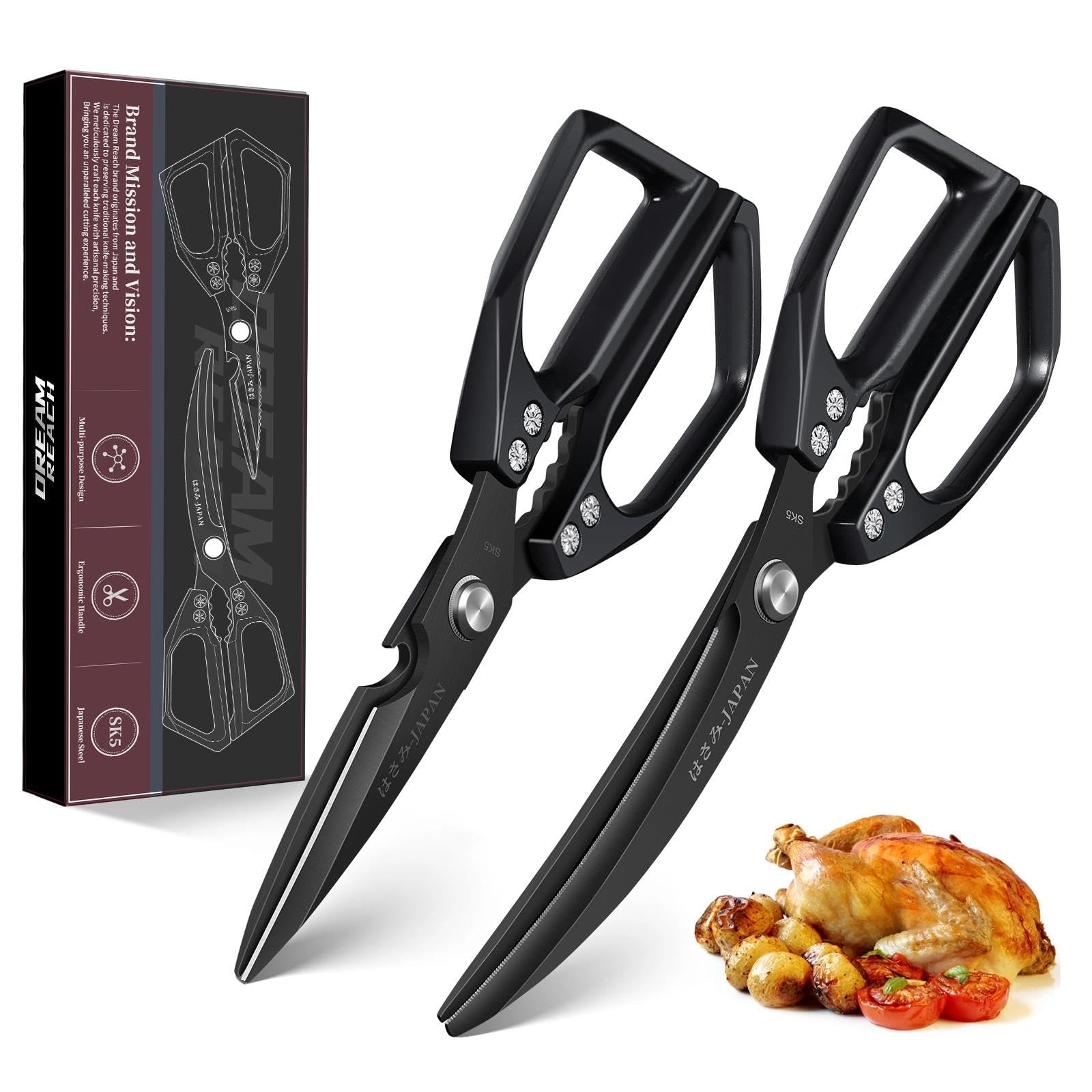 Dream Reach Kitchen Scissors Set Black - Stainless Steel Kitchen Shears, Sharp Meat Scissors Dishwasher Safe, Versatile Heavy Duty Poultry Shears for Food, Chicken Bones