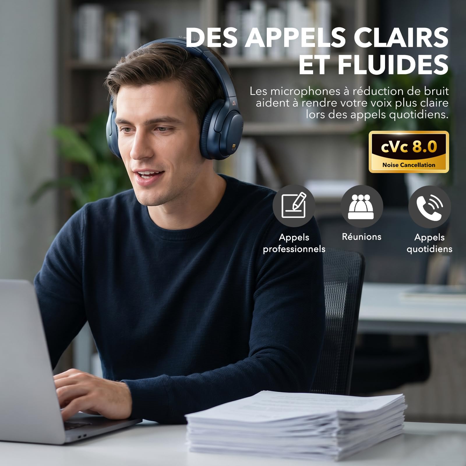 1Mii E700 Casque Bluetooth sans Fil avec Réduction de Bruit Active, Indigo | ANC Hybride, Hi-Res Audio LDAC, Confortable pour Trajets, Voyage, Études, aptX Low Latency pour TV, Maison, Bureau, Avion