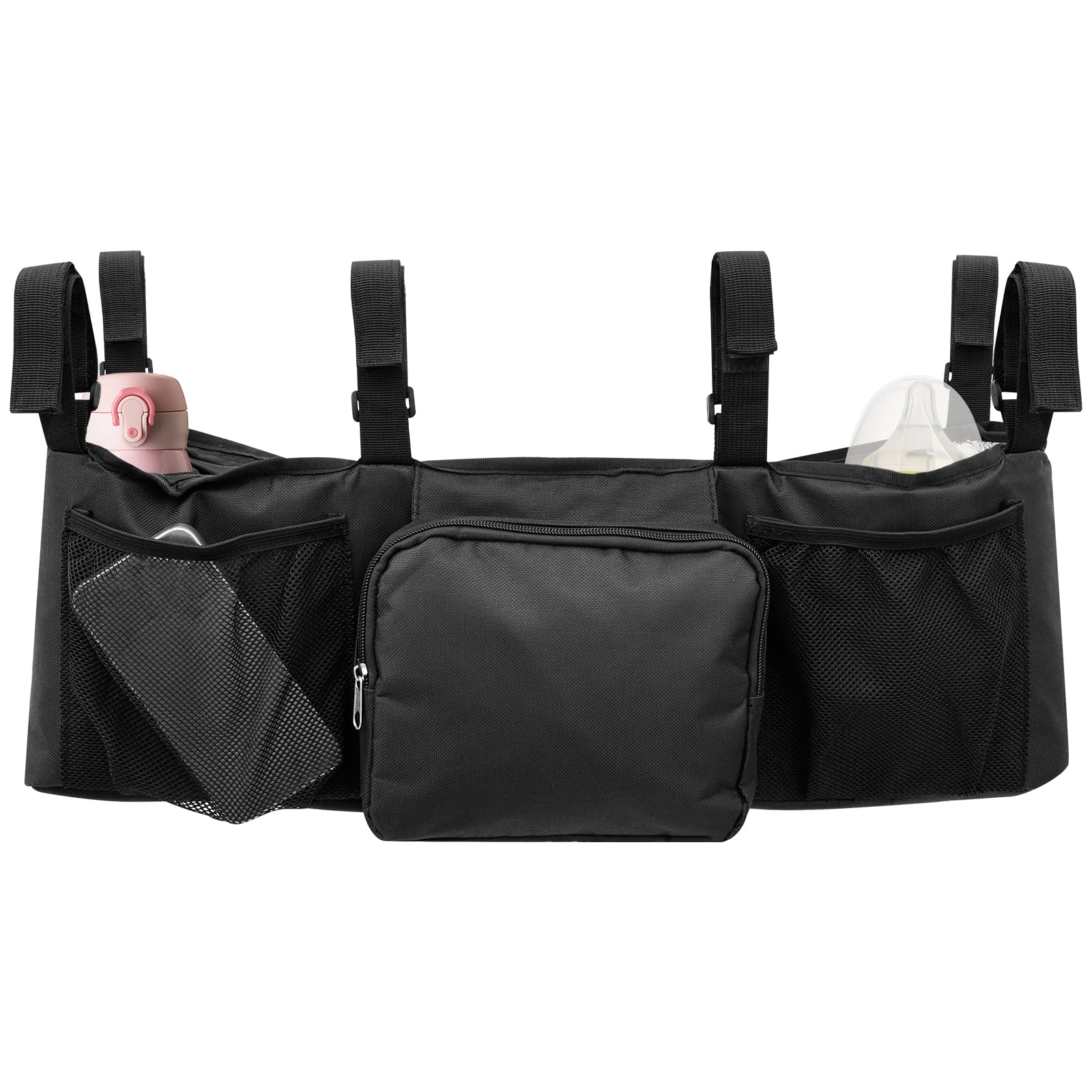 Baby Pram Organiser Bag, Oxford Cloth Double Newborn Stroller Bag with 2 Insulated Pockets, Foldable Toddler Pushchair Storage Bags with Phone Pouch and Front Pocket for Holding Bottle Snack Toy