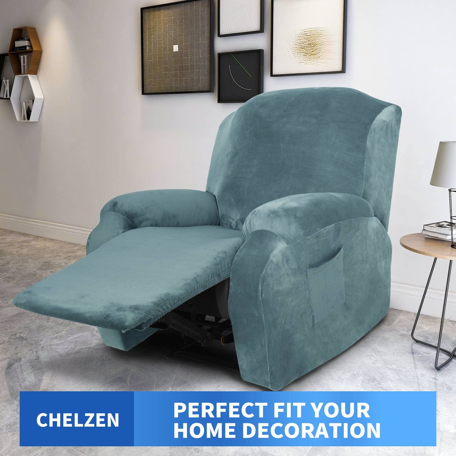 CHELZEN Velvet 4-Piece Recliner Cover Stretch Soft Cover for Recliner Chair Thick Soft Recliner Chair Slipcover (Dusty Blue) - Image 2