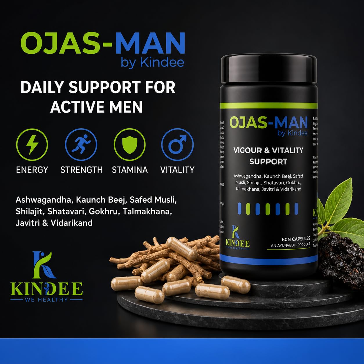 Kindee Shilajit/Shilajeet Capsules for Men | For Stamina, Muscle Growth & Energy | Ashwagandha, Gokshura, Safed Musali & Other Action Herbs & 100% Ayurvedic — Amazon image 6
