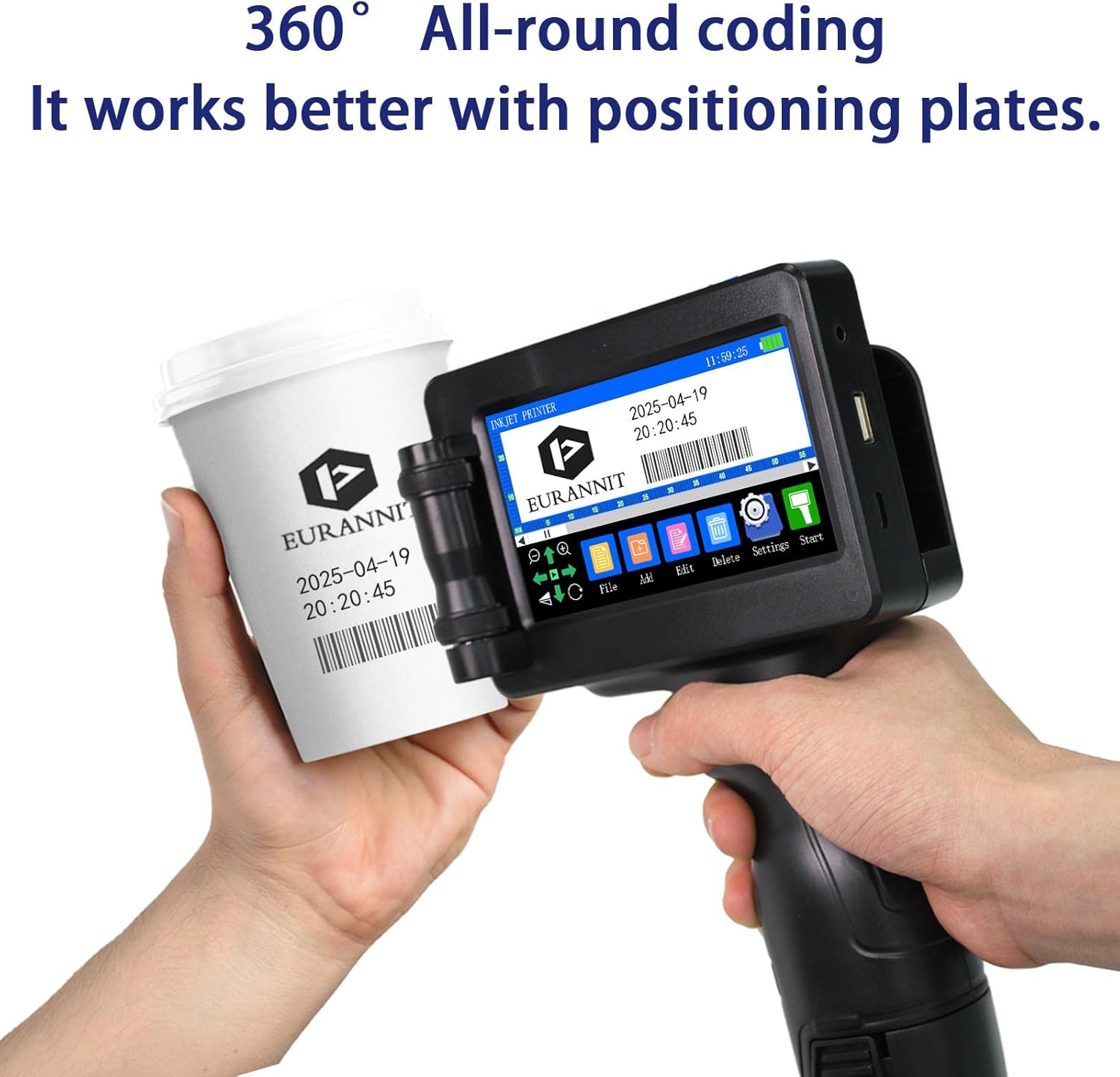 Handheld Inkjet Printer E55 with W6900K Fast-Drying Ink Cartridge, Portable Handheld Printer Gun 0.5 Inch Nozzle for Serial Numbers Logo DIY QRCode barcodes, Print on Carton Plastic Metal