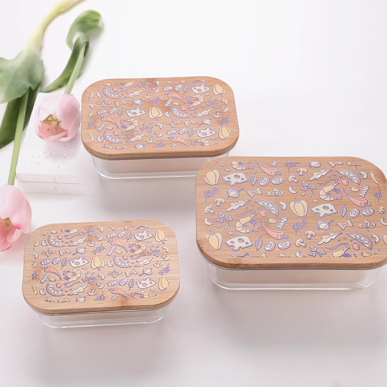 Kuber Industries Pack of 3 Borosilicate Kitchen Containers with Bamboo Lid | Glass Containers with lid | Airtight | 370ml 640ml 1060ml | kitchen accessories items| Multipurpose | Ratatouille Print