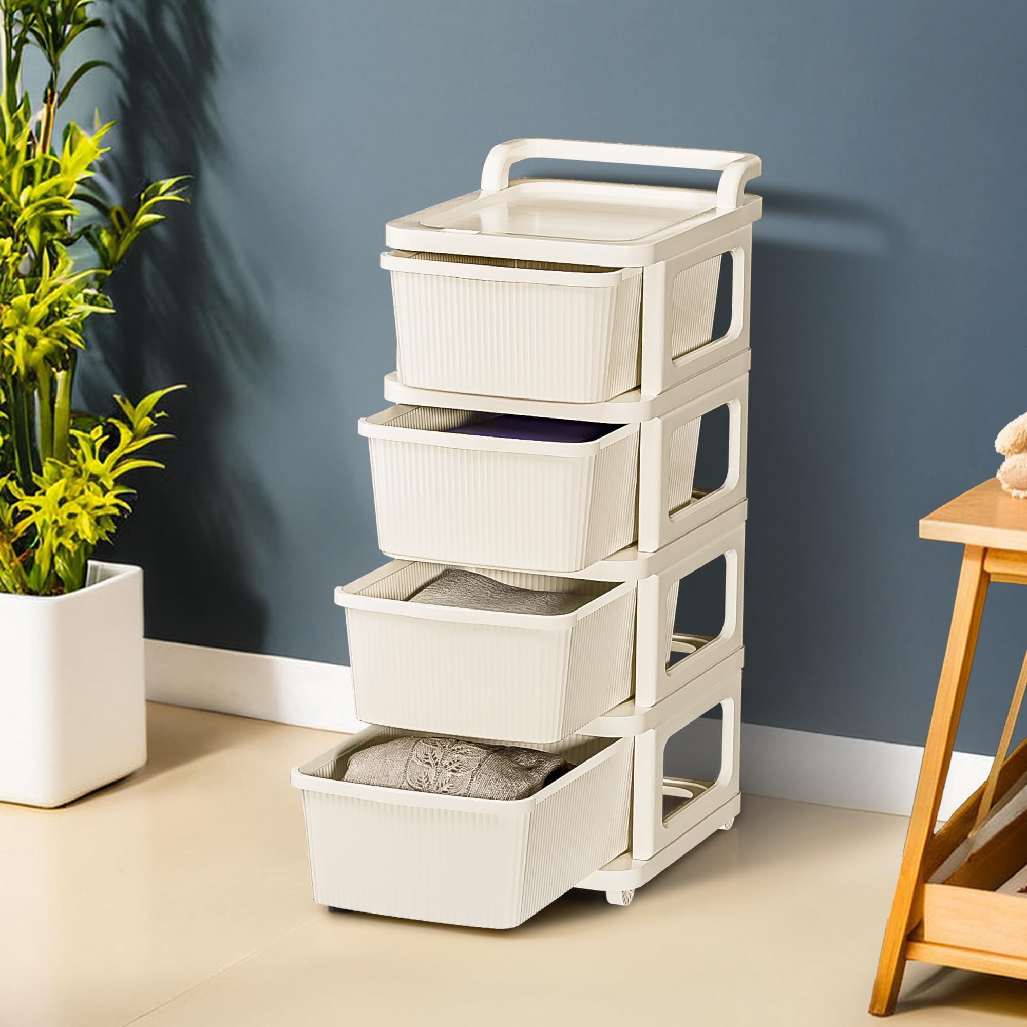 - Kuber Industries 4 Layer Plastic Modular Storage Drawer Organizer with Wheels | Chest of Drawer Storage Box for Living Room, Office, School and Home | Toys Organiser for Kids Room | Ivory