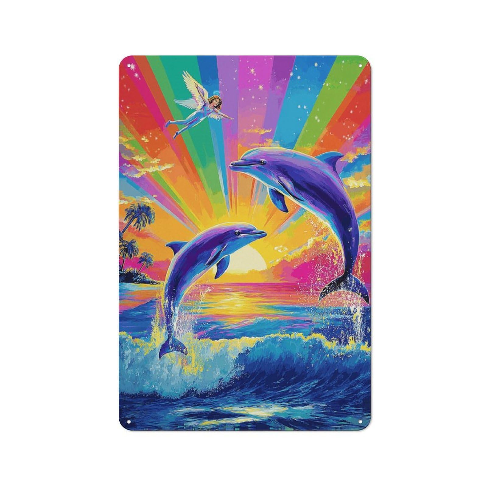 Junmoney Dolphins Leaping At Sunset -1 Retro Metal Plaque 30X20cm For Living Room Or Hallway, For An Autumn Wall Display In Living Room And Hallway