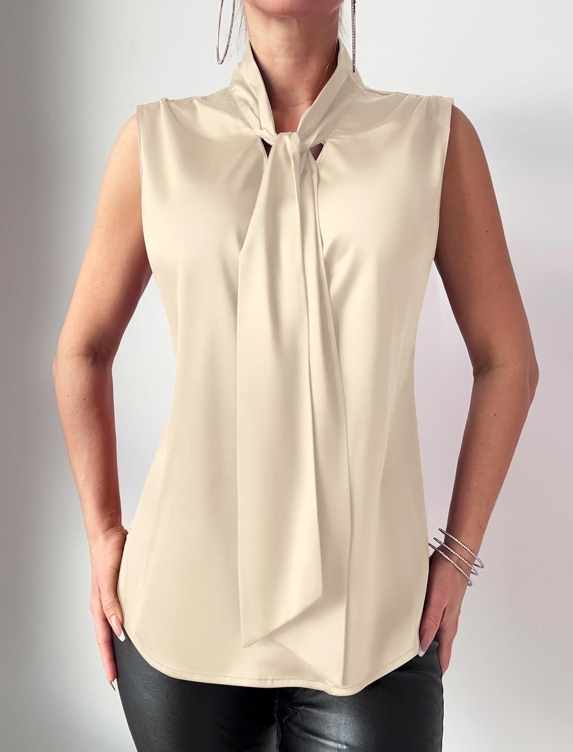 ZAFUL Women's Silk Satin Tank Tops Bow Tie Knot Mock Neck Casual Sleeveless Blouses Summer Basic Tanks Shirt Apricot XL - Image 5