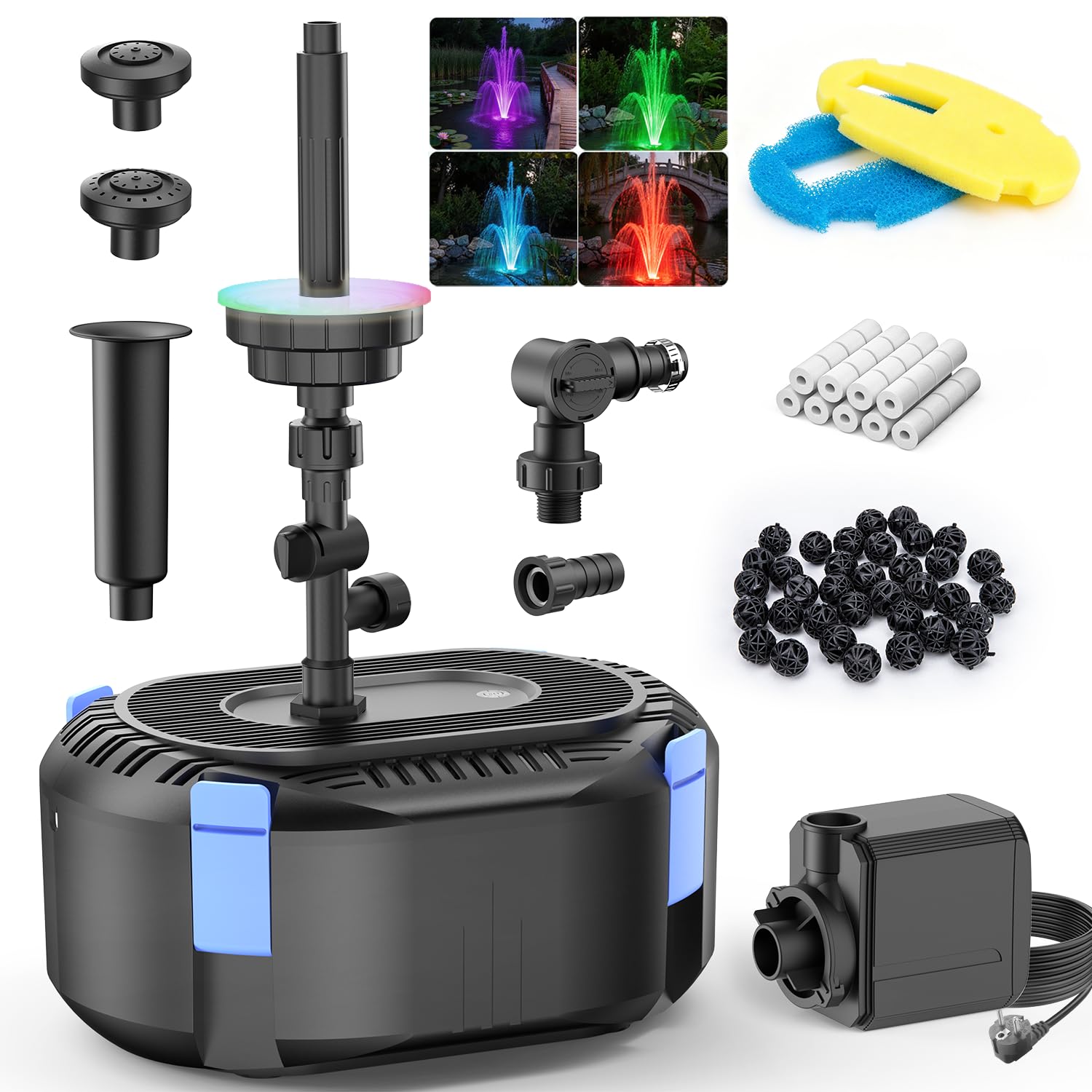 Hitauing All-in-One Tteichpumpe 3000 L/H 40W mit automatischer bunter LED, Teichpumpe für Außen mit 3 Sprühbildern, Springbrunnen-Set mit Wasserpumpe für Garten, Wasserspiele, Vogeltränken