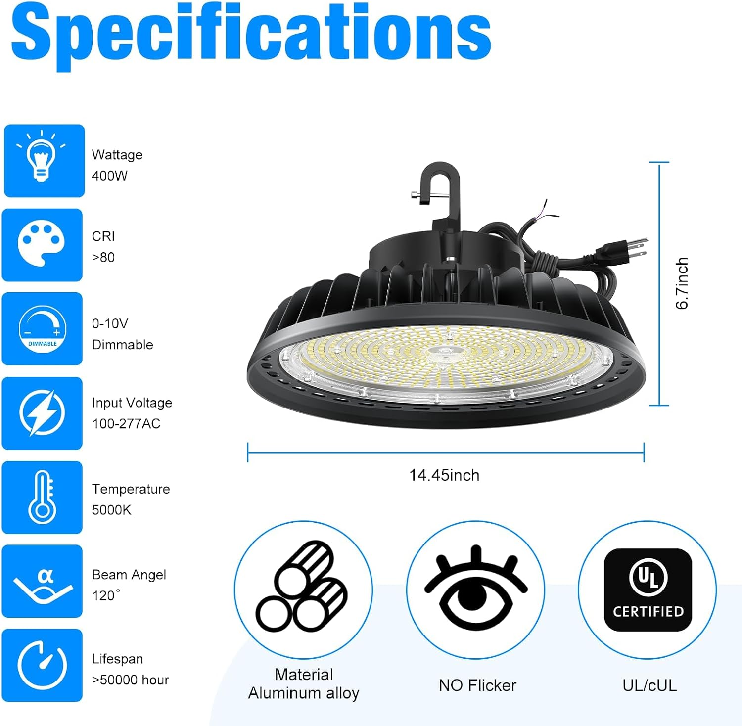 400W 2Packs Super Bright Led High Bay Lights, 60,000LM 100-277V, 5000K, 0-10V Dimmable UFO High Bay Led Shop Lights, US Plug 6' Cable for Shop Barn Warehouse,UL