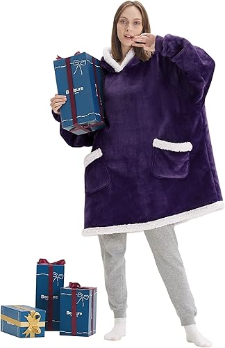 Miniatura 7 de Bedsure Manta con capucha con mangas, manta Sherpa con capucha para adultos como regalo para mamá y mujer, manta de sudadera color morado, estándar,