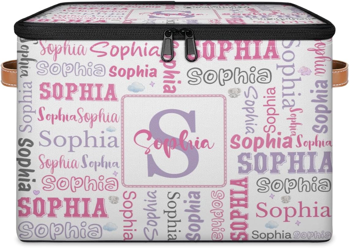 Custom Storage Basket with Initial Name, Personalized Keepsake Box with Zipper Lid, Large Fabric Memory Bin Customized Birthday Gifts for Women Mom