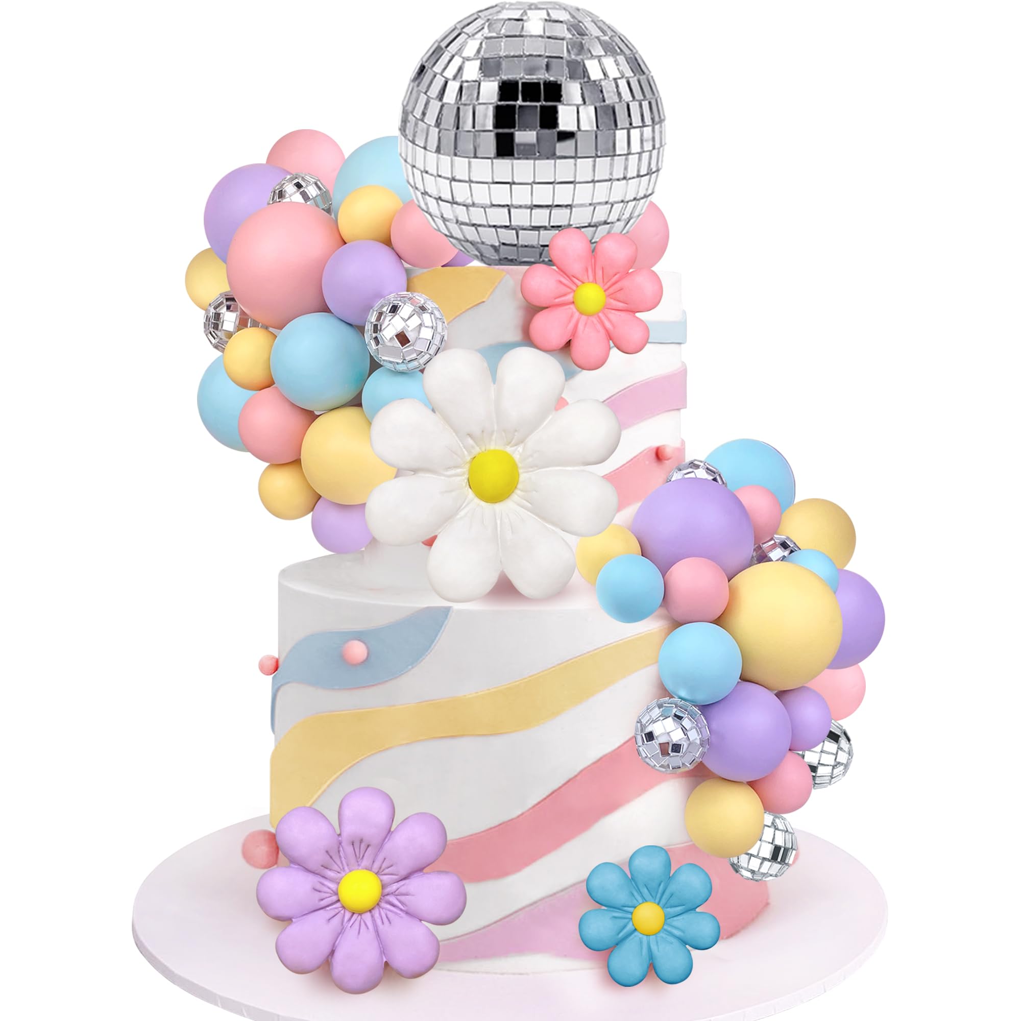 40 PCS Boho Daisy Flower Cake Topper Ball Cake Toppers Disco Ball Cake Decoration Retro Hippie Daisy Flower Cake Topper For Bohemian Groovy Party