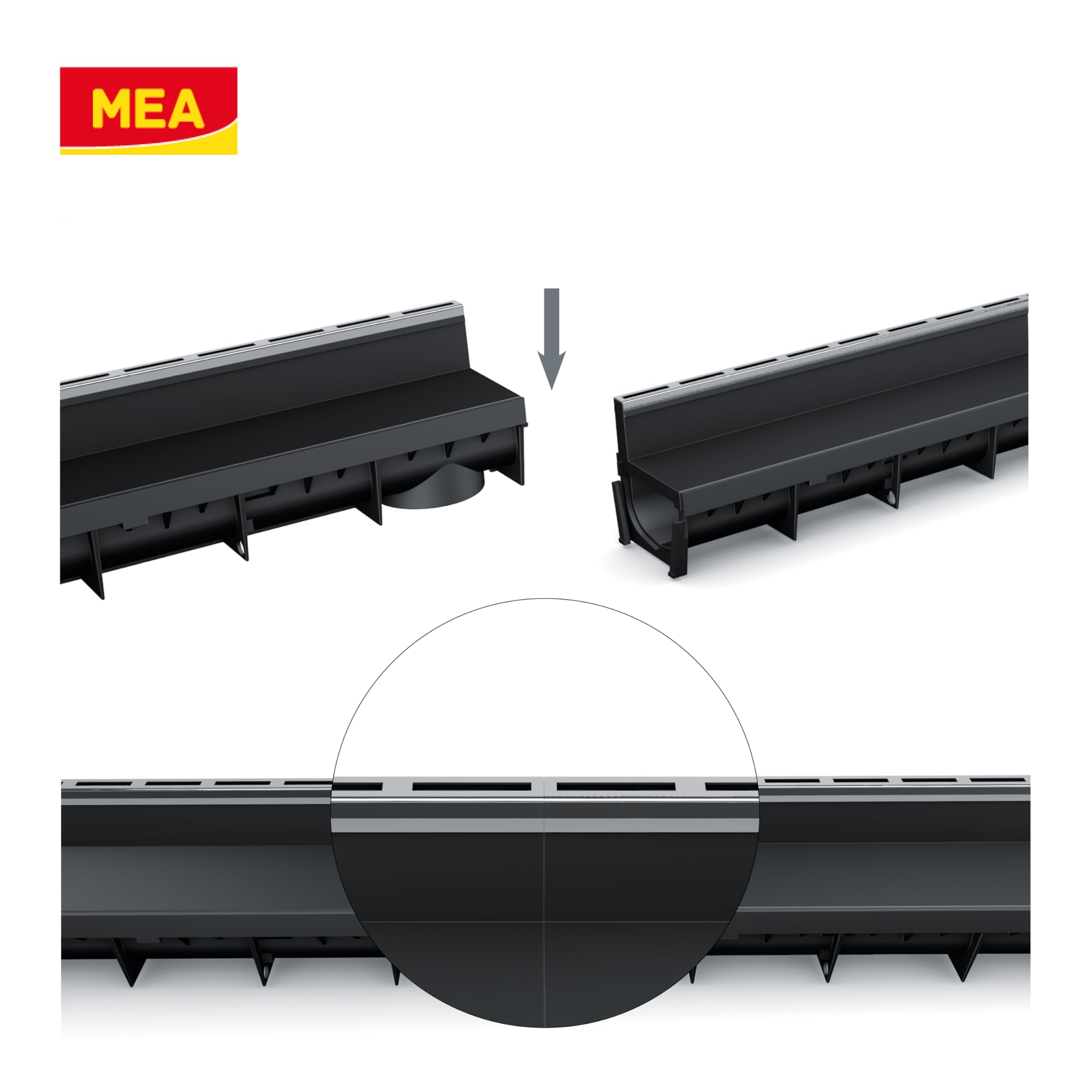 MEA Pack de 6 Caniveaux Extérieurs MEAPARK – Grille à Fente en PP Recyclé + Profil E-Blade S en INOX – Drainage Terrasse, Piscine, Jardin – Classe A15 Piéton – Largeur utile 10 cm