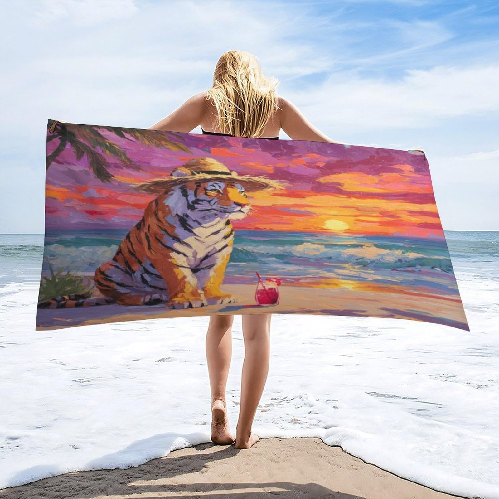 Luyysky Funny Rustic Animal Tiger Absorbent Beach Towel, Beautiful Realistic Sunset Beach Tropical Plant Palm Tree Outdoor Single-Sided Velvet Beach Towel-80 W Cm X 160" L Cm