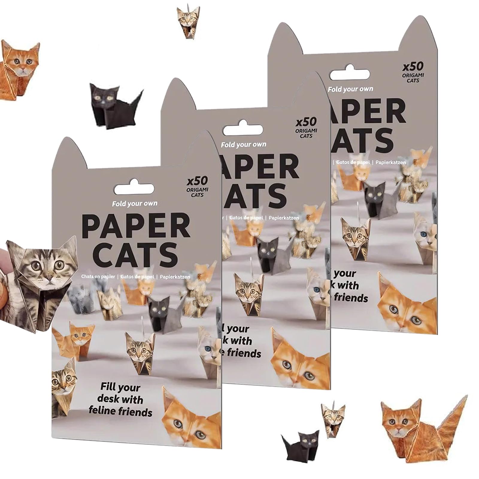 Wihozte 150 Sheets Paper Cat Origami Kit, 3D Fold Your Own Paper Cat Figures for All Ages, DIY 157g Cardstock Cats Origami, Mini Handmade Gift for Fun Craft Activity Animal Lovers (3 Pcs Cats)