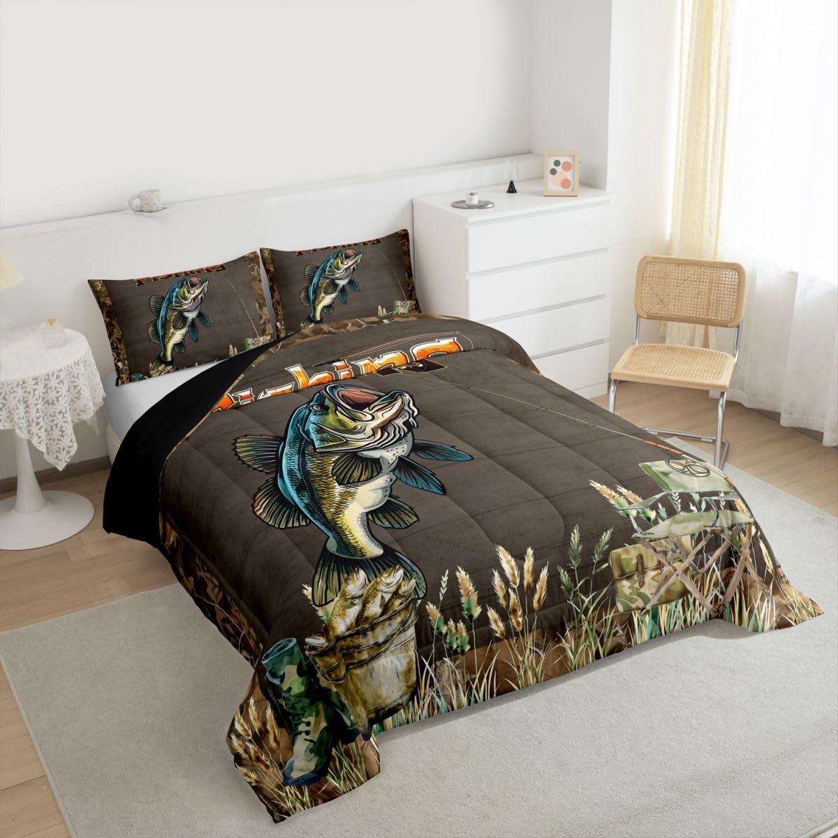 Homemissing Bass Fish Letto Trapuntato Caccia Pesca Per Ragazzi Ragazze Rustico Lakehouse Set Piumini 230x220cm 3 Pezzi Camera Decor