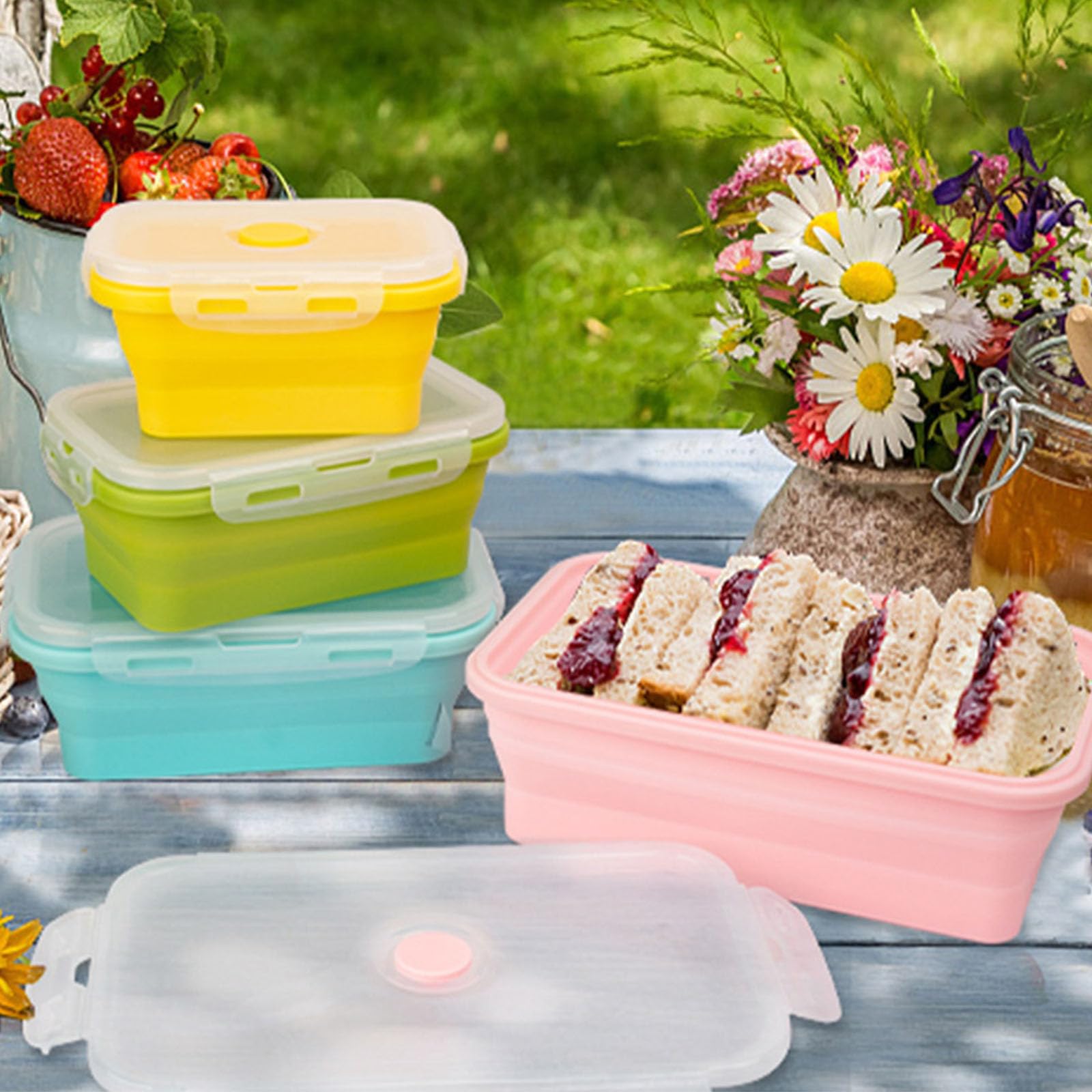 Set contenitori per pranzo pieghevoli con corpo in silicone, contenitori annidati e chiusura del coperchio per pasti giornalieri, preparazione, picnic Contenitori per alimenti pieghevoli per