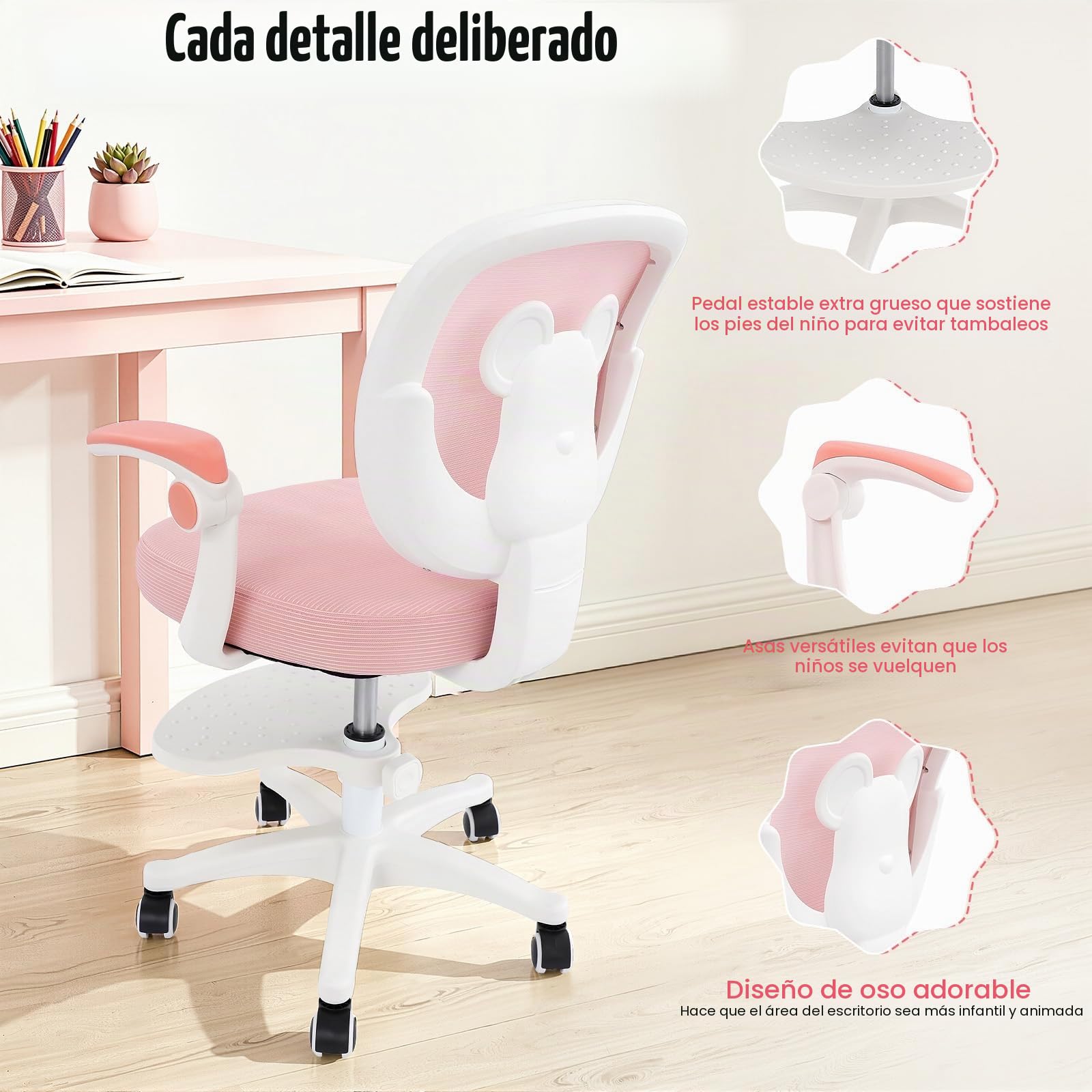 Silla de escritorio infantil giratoria de 360°, altura del asiento de 36 a 46 cm, altura regulable, silla ergonómica de oficina con ruedas, silla juvenil con respaldo y reposabrazos