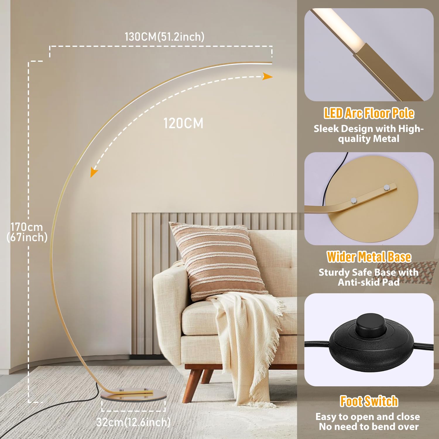 Lámpara de Pie Salon LED, 25W Regulable Lámpara de Pie Arco con Mando a Distancia, Moderna Lampara Pie Luz de Lectura para Salas de Estar, Dormitorios, Oficina, Dorado, 165cm