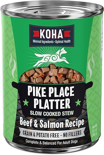 KOHA Pike Place Plato de estofado para perros con carne de res y salmón, comida húmeda para perros con alto contenido de proteínas, latas de 12.7