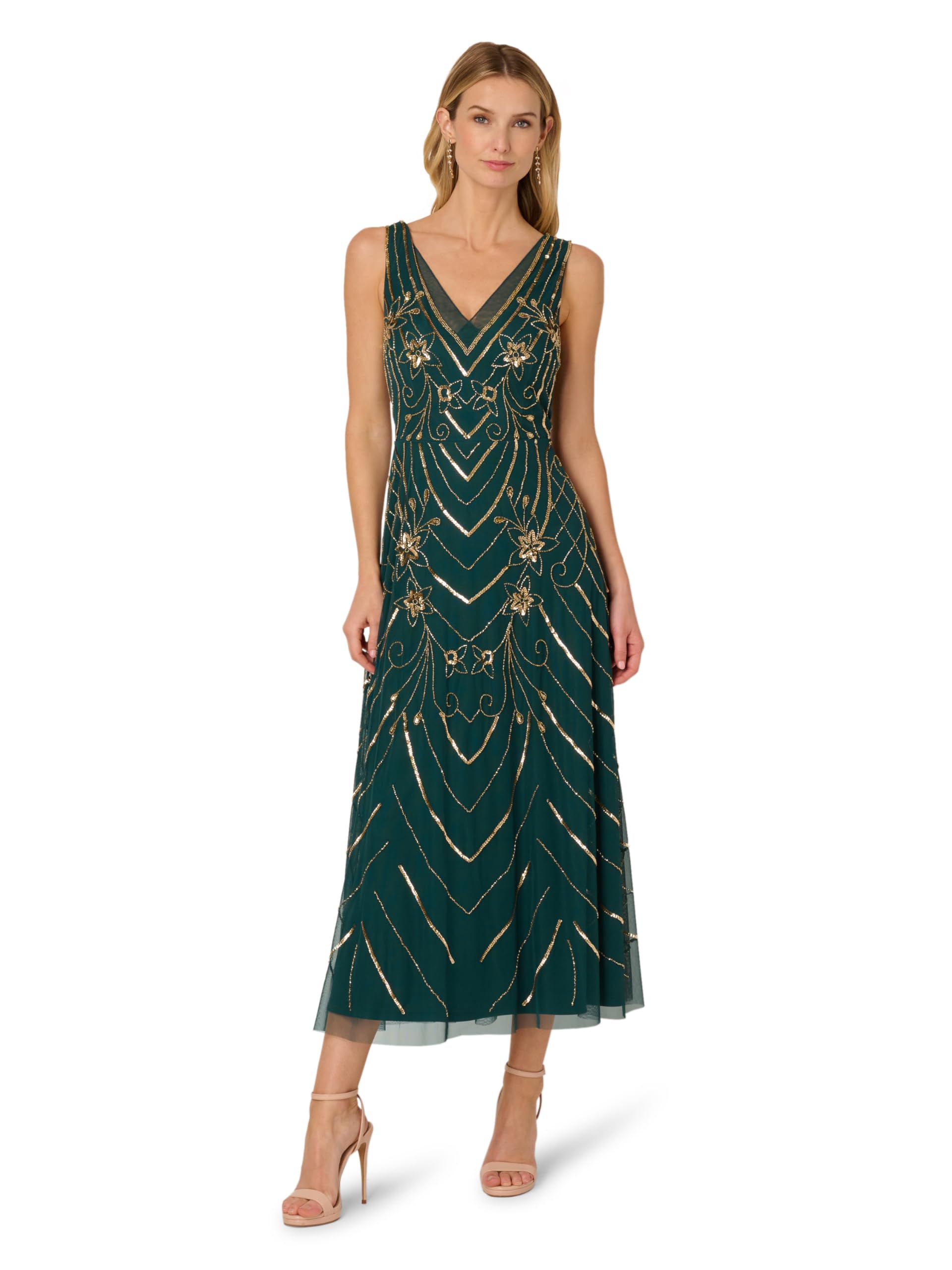 Adrianna Papell Women's Green/Gold Beaded Mesh Special Occasion Dress, 16