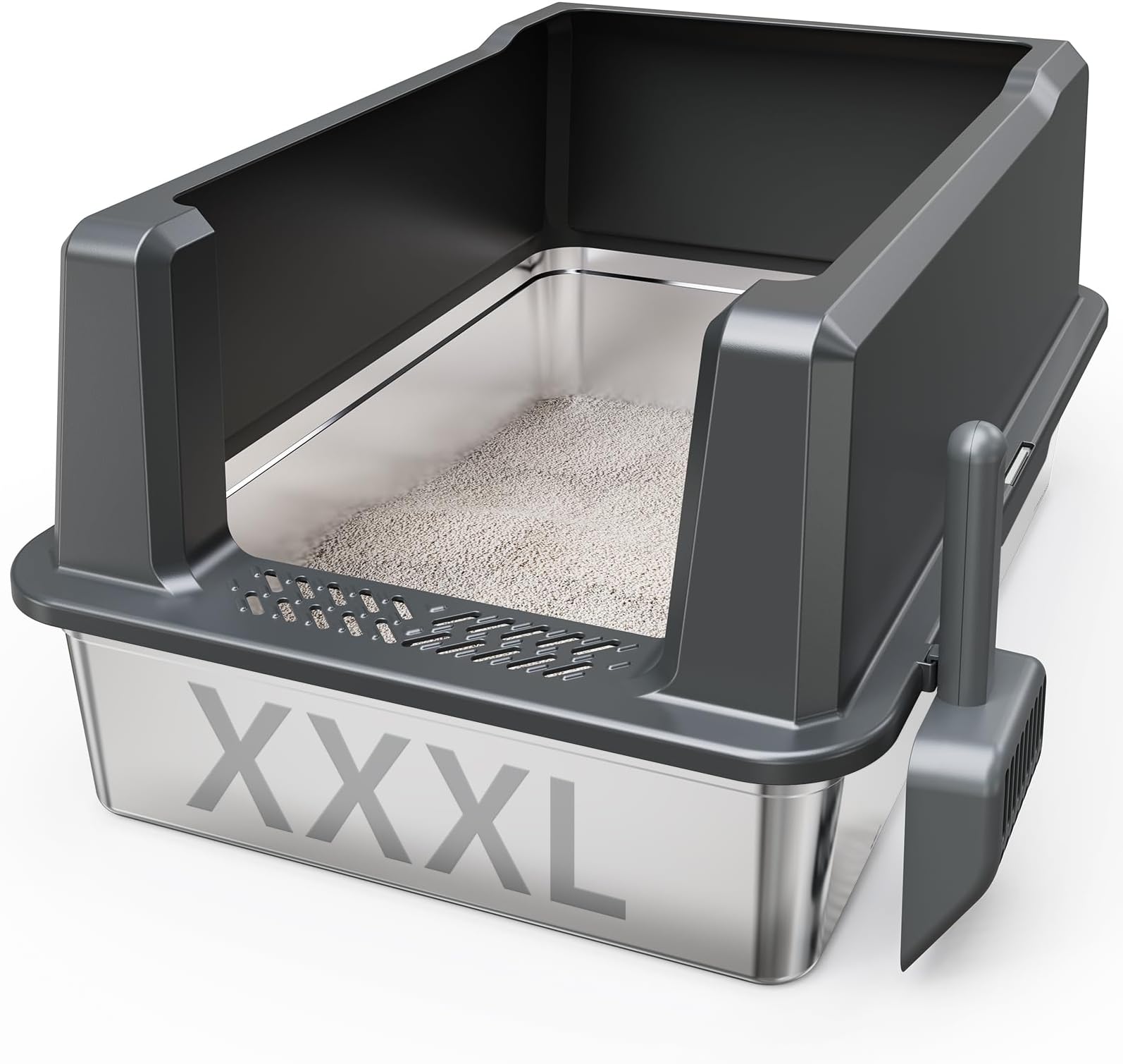 Suitfeel XXL Stainless Steel Cat Litter Box, Extra Large 28"x20.5"x14" Metal Litter Box High Sides for Big Cats&Multiple Cats, Jumbo with lid Easy to Clean, No Odor, Non-Sticky (Deep Grey, XXX-Large)