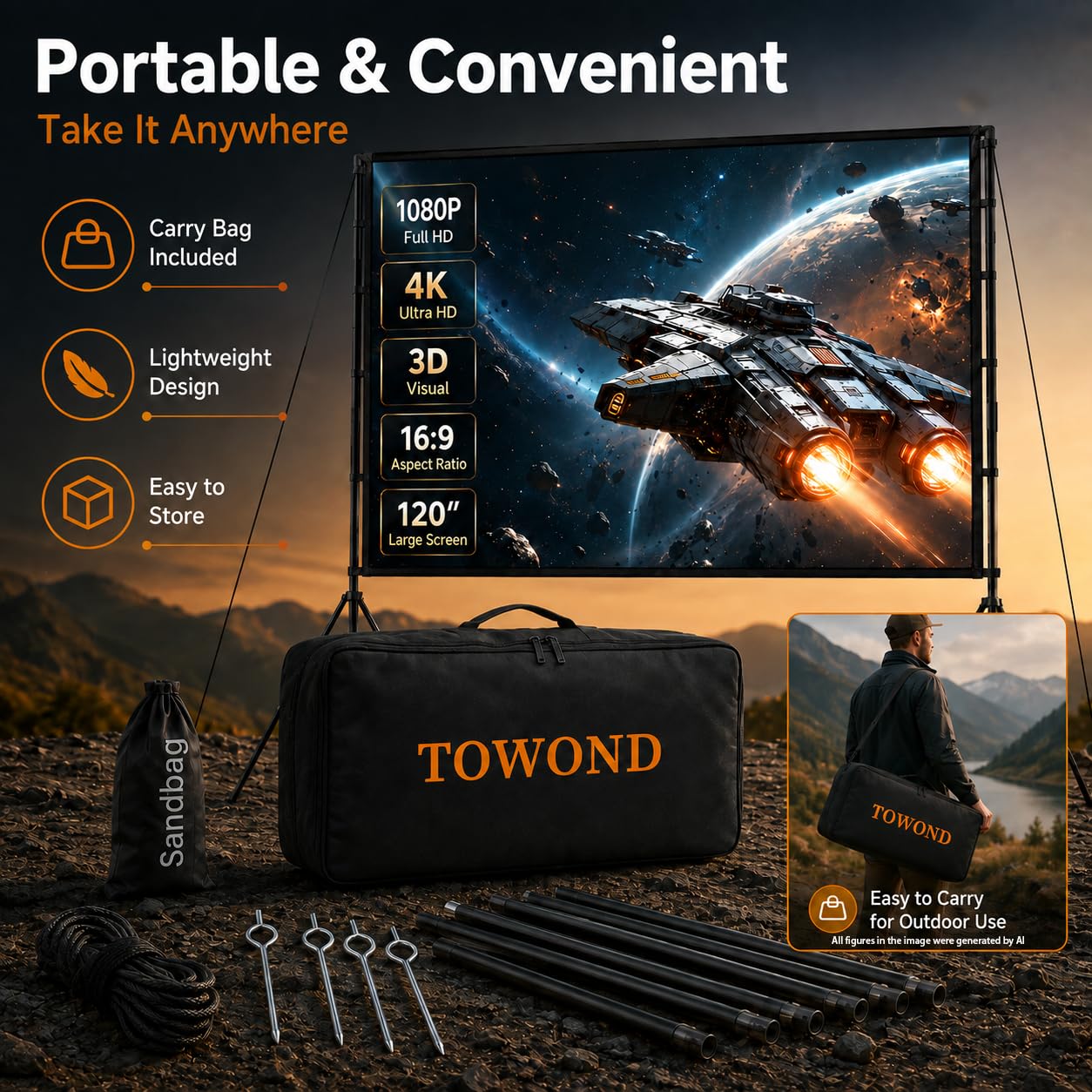 Pantalla Soporte para proyector,Towond Pantalla de proyeccion 120 Pulgadas para Interior y Exterior sin Arrugas 16:9 4K HD Pantalla de proyector de jardín Plegable para Noches de Cine en casa